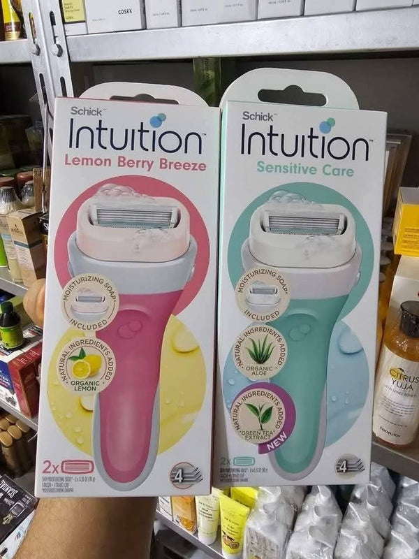 ماكينة انتويشن 🧼🧴🌵 Schick intuition sensitive care🌵🧼
جبتلكوا اشهر و اجمد شيفينج فالكوكب هنا و هي أفضل حاجه  للبشرة الحساسة 
فهي تحتوي على أربعة شفرات ويحيط بالشفرات الأربعة شريط مرطب صلب مزود بجل الأوليفيرا 🌵🌵وفيتامين E للعناية بالبشرة الحساسه